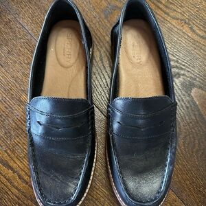 Sperry Black Leather Penny Loafers with Tan Insole